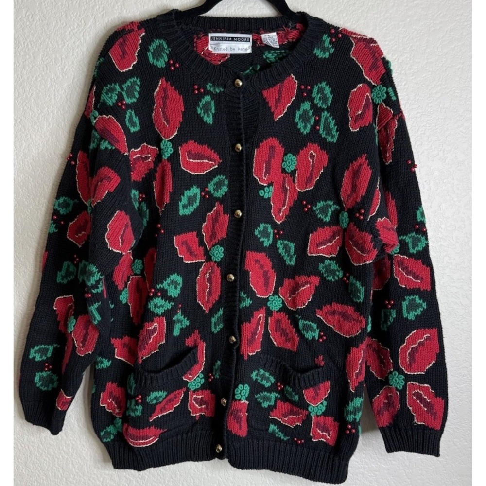 Jennifer Moore Womens L Cardigan Sweater Black Poinsettia Holly Beaded Vintage